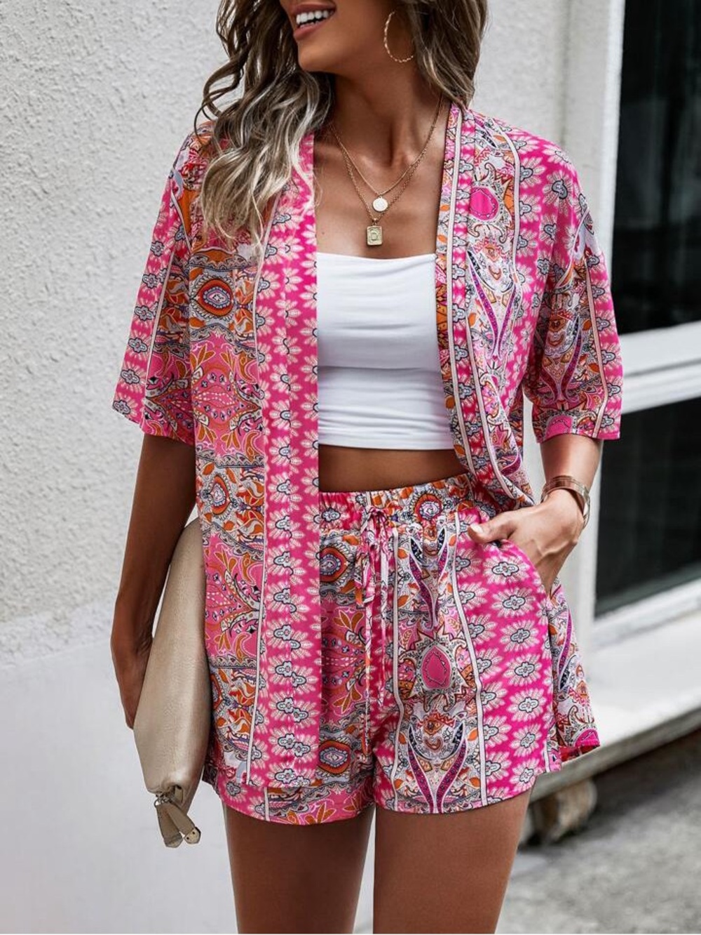 Paisley Print Open Front Kimono & Shorts Set